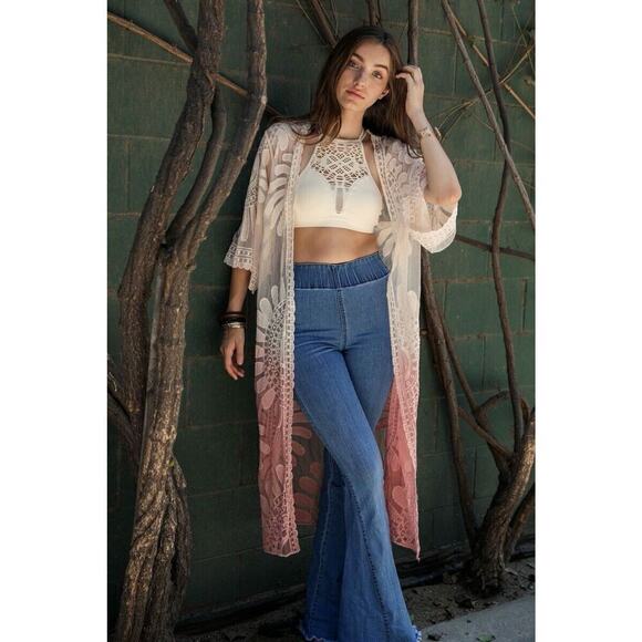 Womens Embroidered Ombre Lace Kimono Boho Sheer 3/4 Sleeve Rose OSFM 48x20 - Picture 3 of 6